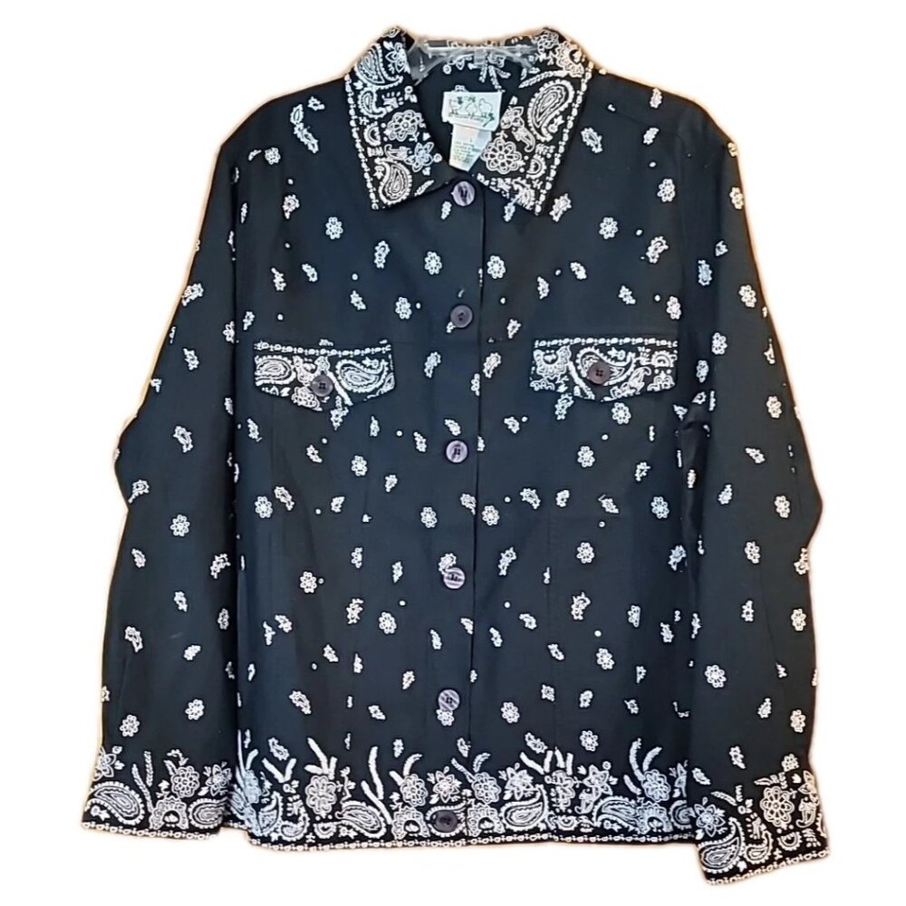 Quacker Factory Bandana Jacket Sz L Black White Paisley Beading Rhinestone NWT